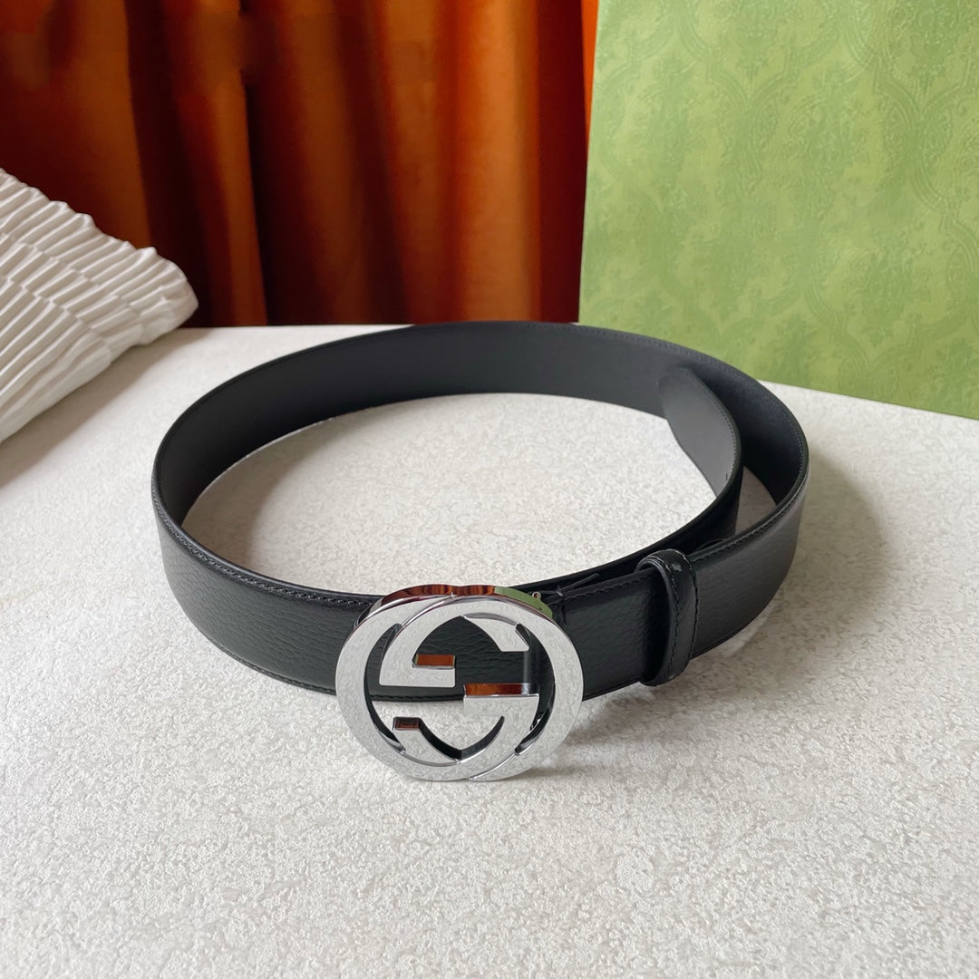 GG BELT INTERLOCKING G BUCKLE BLACK LEATHER