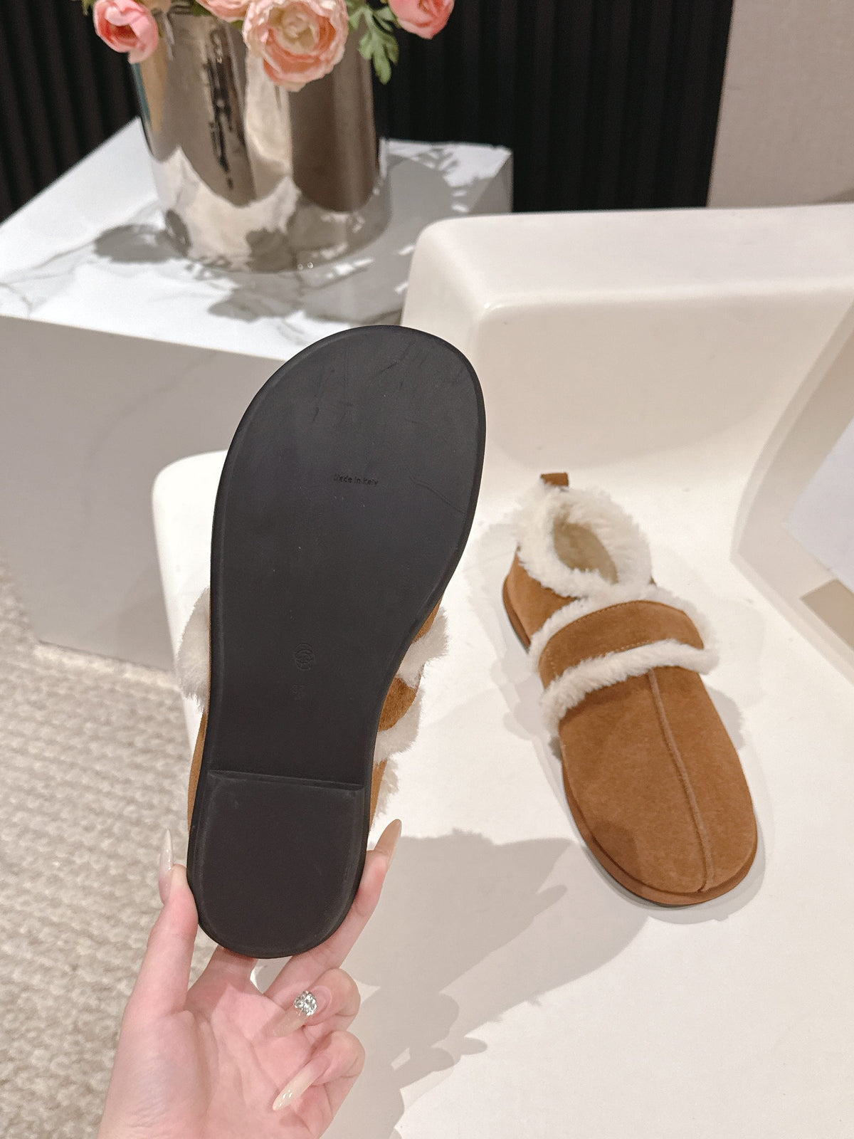 The Row 2025 Furry Shoe Light Brown White Suede Wool 560590