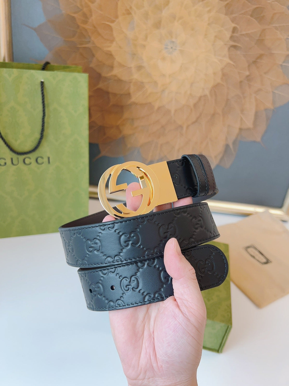 Gucci Supreme Belt Gold Buckle 37mm Black Embossed Leather